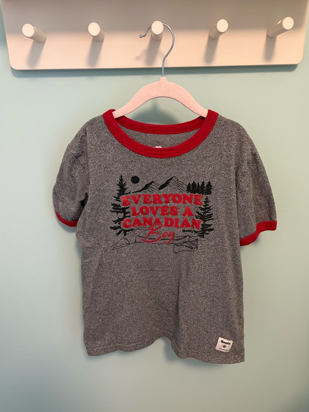 Roots Grey Tee with Red Trim and Canadian Graphic